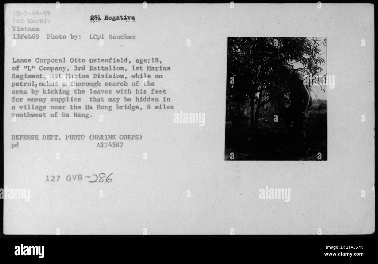 Ein Marine, Lance Corporal Otto Ostenfield, aus der 1. Marine Division, 3. Bataillon, 1. Marine Regiment, führt eine Suche während einer Patrouille in einem Dorf nahe der Ha Dong Brücke durch. Er tritt mit den Füßen auf die Blätter, um nach versteckten Vorräten zu suchen. Dieses Foto wurde am 13. Februar 1969 von LCpl Sanchez aufgenommen. Foto des Verteidigungsministeriums, ID-7-44-69. Stockfoto