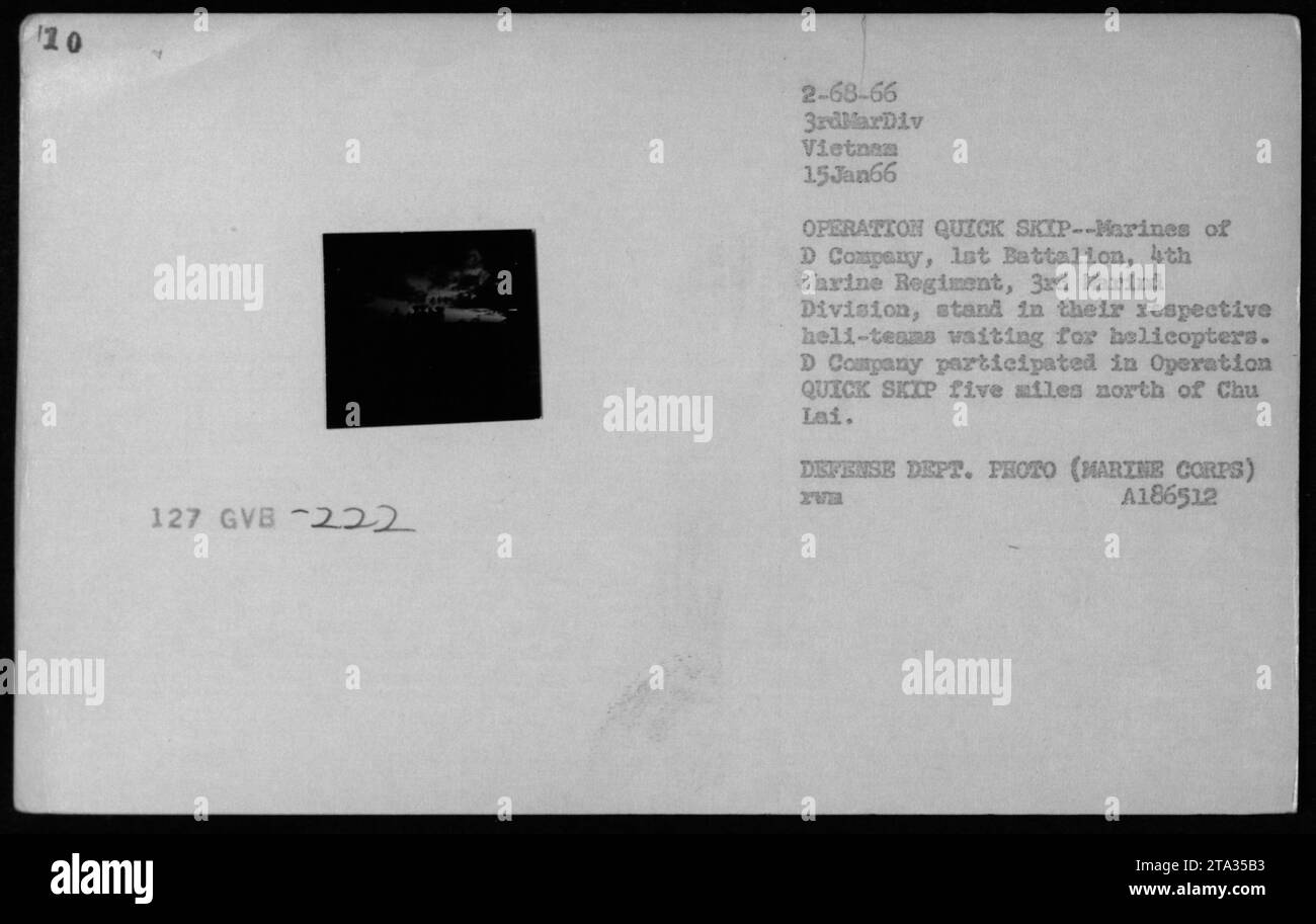 Am 15. Januar 1966 warteten die Marines der D Company, 1. Bataillon, 4. Marine-Regiment, 3. Marine-Division, fünf Meilen nördlich von Chu Lai auf UH-34 Hubschrauber während der Operation QUICK SKIP. Stockfoto