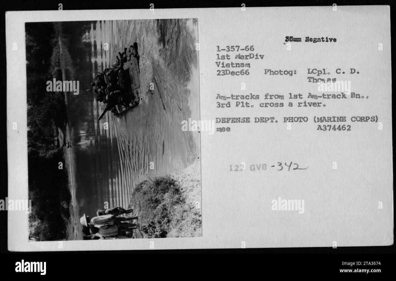Ein Konvoi von am-Track-Strecken des 1st am-Track Bataillons, 3rd Platoon, überquerte am 23. Dezember 1966 einen Fluss in Vietnam. Dieses Foto zeigt militärische Aktivitäten während des Vietnamkriegs, insbesondere den Einsatz von Landungsfahrzeugen (LVTs/LVTPs) durch die 1st Marine Division. Foto des Verteidigungsministeriums vom LCpl. C. D. Thomas. Stockfoto