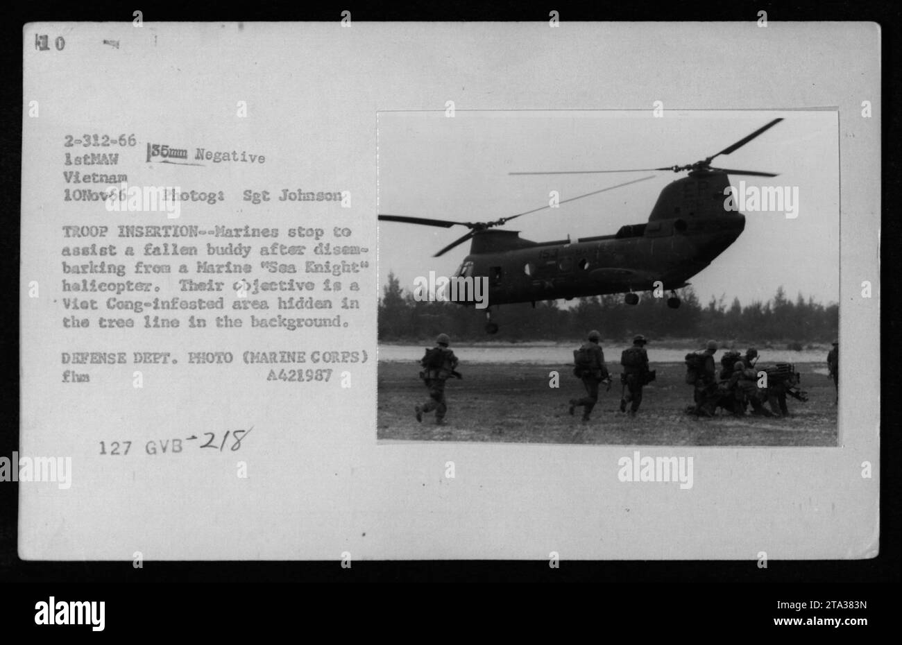 Die Marines unterstützen einen gefallenen Kameraden, nachdem sie am 10. November 1966 aus einem CH-46 'Sea Knight' Hubschrauber in Vietnam ausgestiegen sind. Das Ziel der Truppen ist es, eine Baumlinie zu infiltrieren, die von vietnamesischen Soldaten befallen ist. Foto von Sgt. Johnson, dem Verteidigungsministerium zugeschrieben. Stockfoto