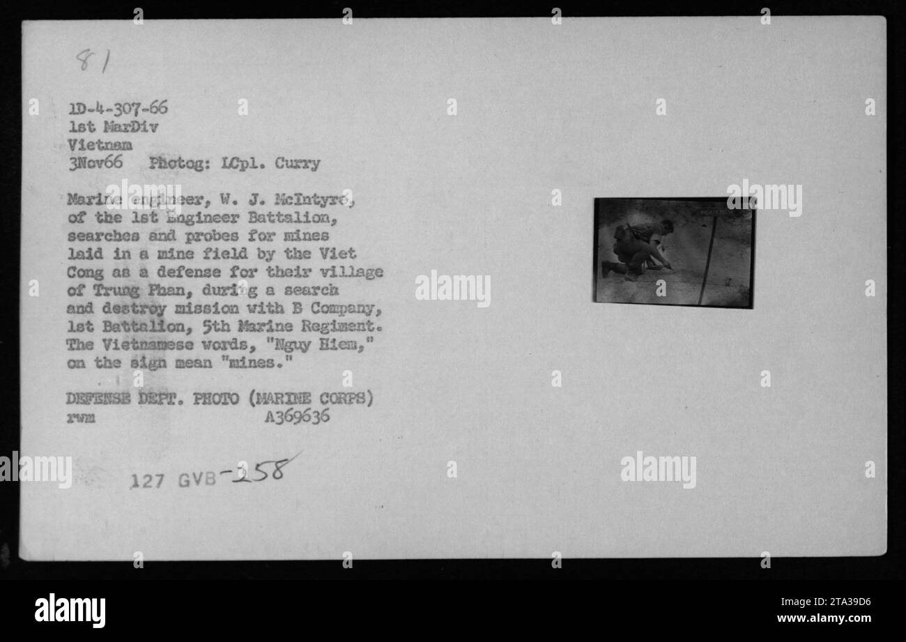 Der Schiffsingenieur W. J. McIntyre vom 1. Ingenieurbataillon leitet am 3. November 1966 eine Minenräumung und -Entsorgung in Trung Phan, Vietnam. Die Mission ist Teil einer Such- und Zerstörungsoperation der B-Kompanie, 1. Bataillon, 5. Marine-Regiment, mit dem Ziel, Minen zu beseitigen, die von den Viet Cong zur Verteidigung ihres Dorfes gelegt wurden. Auf dem Schild steht auf Vietnamesisch "Nguy Hien", was "Minen" bedeutet. Foto des Verteidigungsministeriums, Marine Corps, A369636 2WM 127 GVB-258. Stockfoto