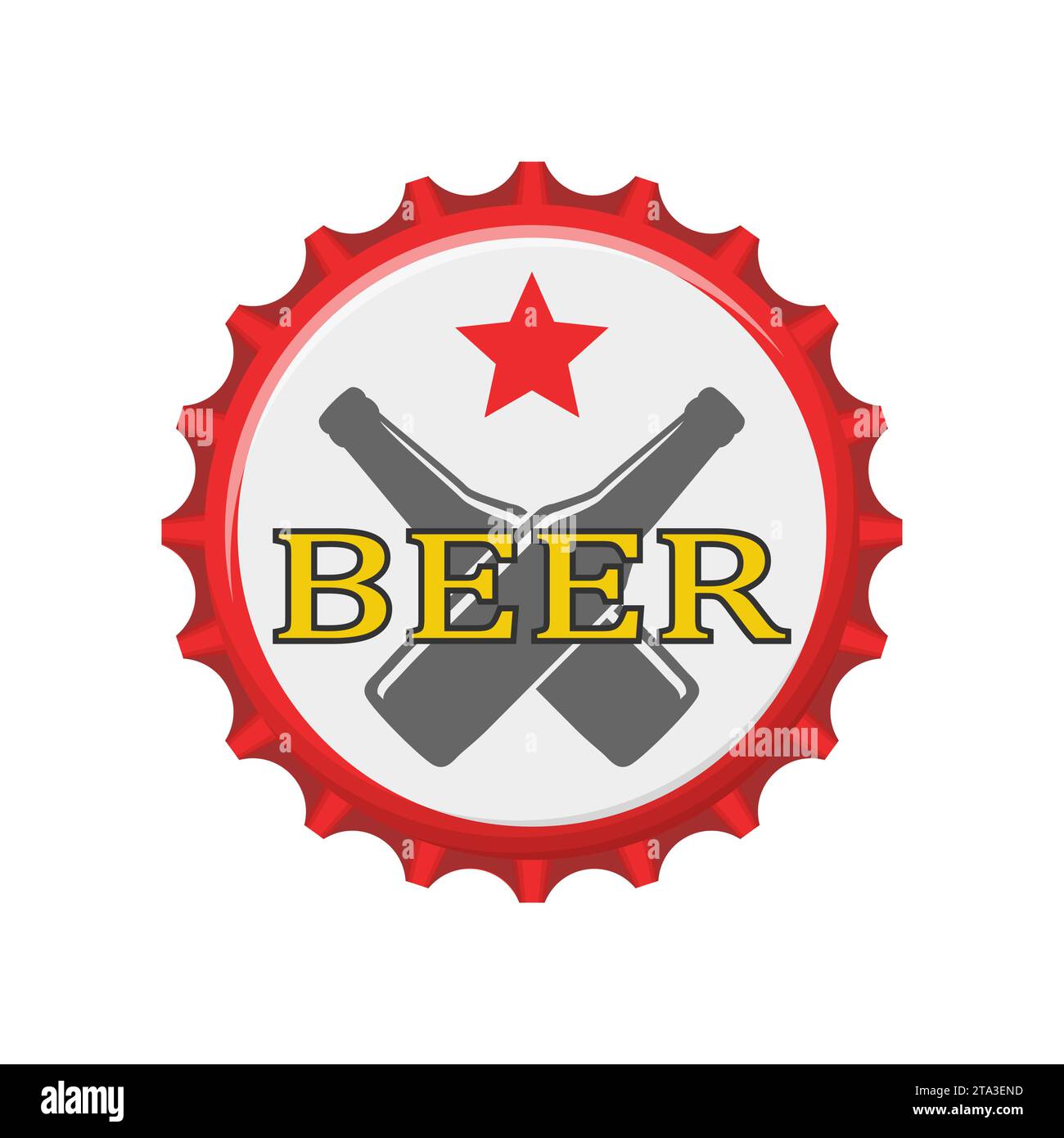 Flasche Bierkappe isoliert auf weißem Hintergrund. Etikett in Form von Aluminiumkappe der Flasche, Symbol für das Oberteil der Bierflasche. Vektorabbildung. Stock Vektor