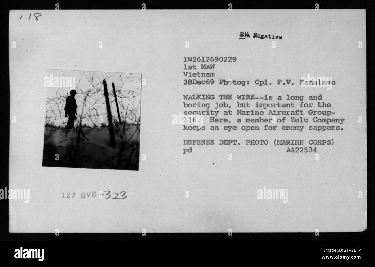 Am 28. Dezember 1969 führt ein Mitglied der Zulu Company, Marine Aircraft Group-116, Sicherheitsmaßnahmen durch, während er ein Kabel führt, um die feindlichen Aktivitäten während des Vietnamkriegs zu überwachen. Stockfoto