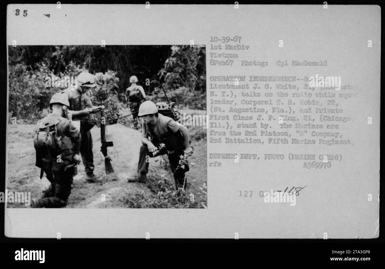Second Leutnant J. G. White kommuniziert im Radio, während Corporal R. Robie und PFC J. P. King während der Operation Independence mit 2nd Platoon, D Company, 2nd Battalion, 5th Marine Regiment in Vietnam am 8. Februar 1967 in der Nähe stehen. Stockfoto