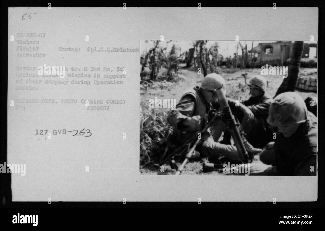 Ein Marine der Kompanie M, 3. Bataillon, 5. Marines, feuert während der Operation Decato am 21. Februar 1967 einen Mörser zur Unterstützung seiner Kompanie ab. Dieses Foto von CPL. K.K. McIntosh zeigt die militärischen Aktivitäten während des Vietnamkriegs. Stockfoto