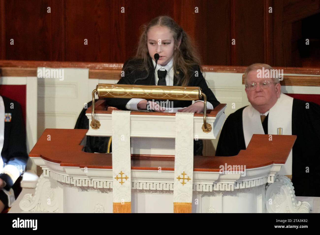 Errol Carter Kelly reads scripture during a tribute service for former first lady Rosalynn Carter, at Glenn Memorial Church, Tuesday, Nov. 28, 2023, in Atlanta. (AP Photo/Andrew Harnik) Stockfoto