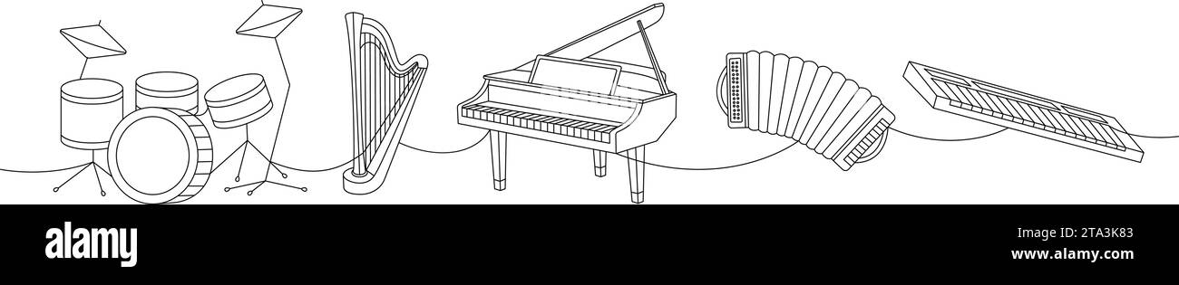 Klassische Musikinstrumente. Schlagzeug, Leier, Holzharfe, Flügel, Akkordeon, durchgehende einzeilige Darstellung des Synthesizer Piano. Stock Vektor