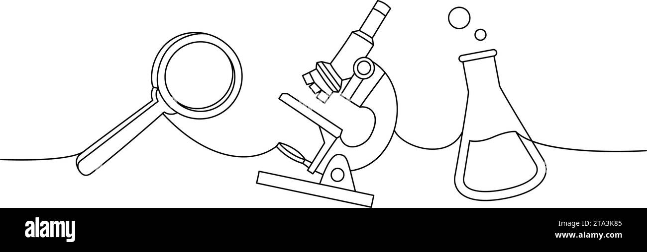 Schulzubehör-Set. Zurück zur Schule. Lupe, Mikroskop, Laborglasausrüstung, Reagenzgläser durchgehende einzeilige Illustration. Stock Vektor