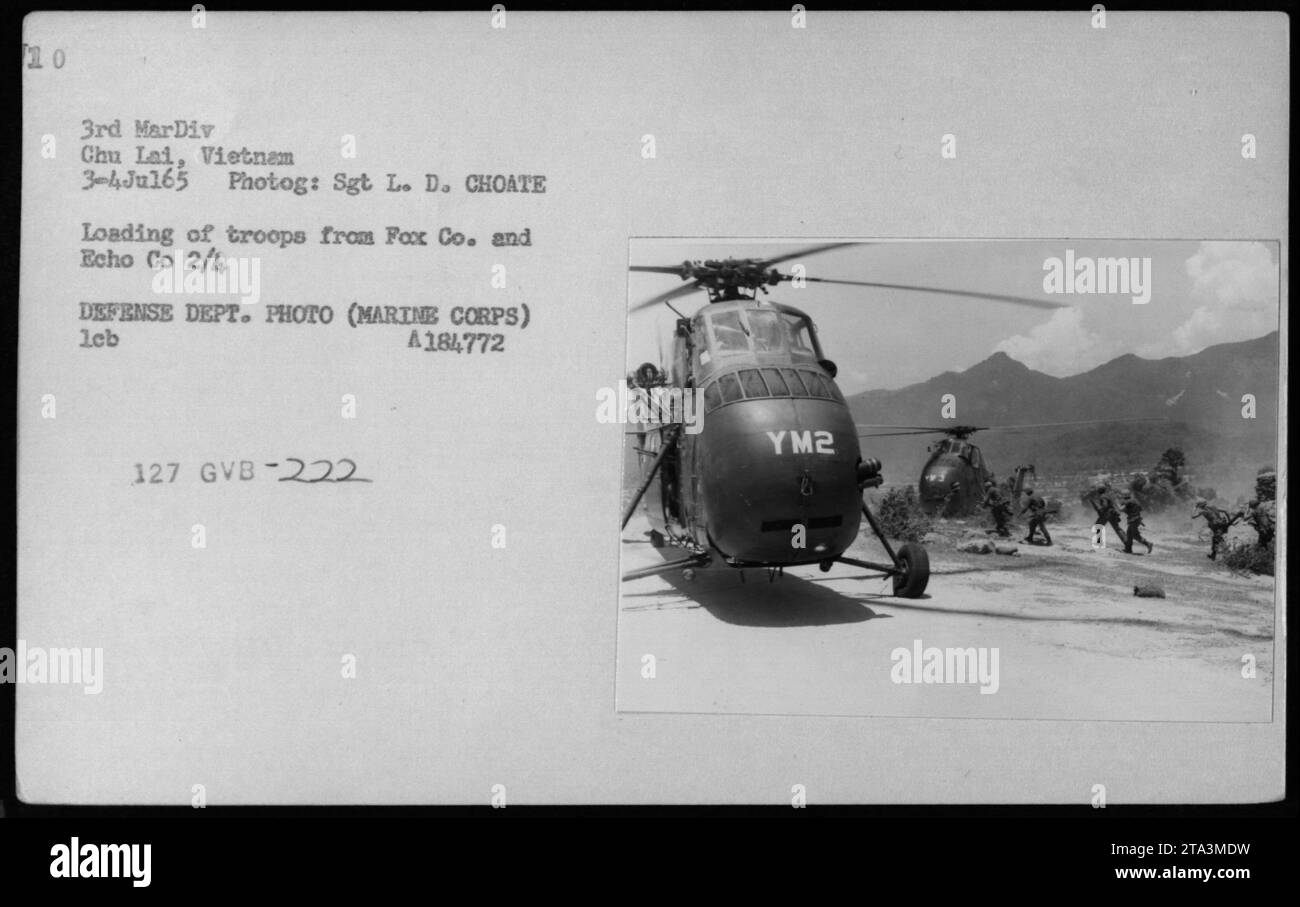 Truppen von Fox Co. Und Echo Co. Vom 3. MarDiv werden am 3. Juli 1965 auf UH-34 Hubschrauber in Chu Lai, Vietnam, geladen. Das Bild wurde von Sgt L. D. Choate aufgenommen und ist Teil der Fotosammlung des Verteidigungsministeriums (Marine Corps) mit dem Referenzcode A184772. Stockfoto