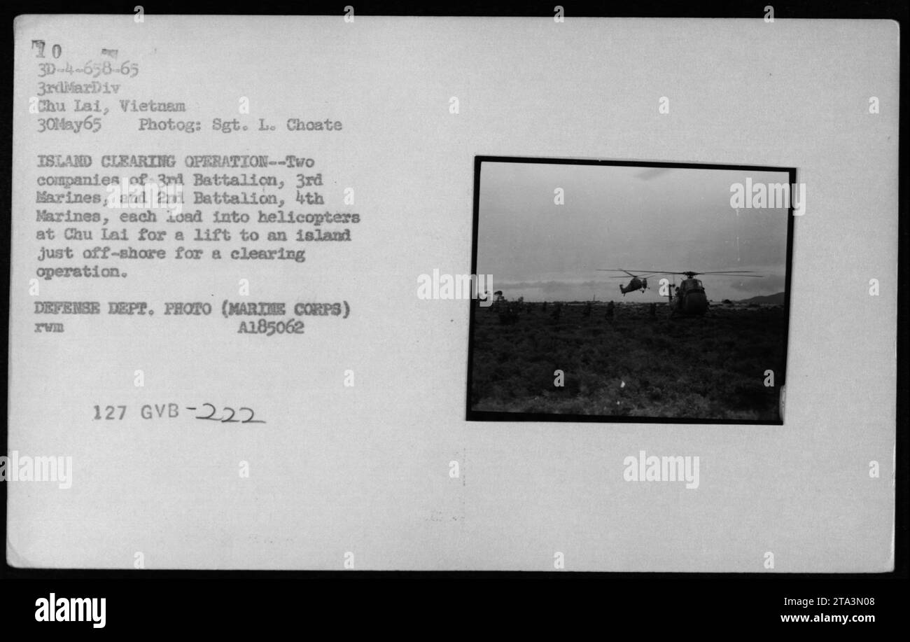 Am 30. Mai 1965 werden Soldaten des 3. Bataillons, der 3. Marines und des 2. Bataillons, der 4. Marines, gezeigt, die während des Vietnamkrieges UH-34 Hubschrauber in Chu Lai besteigen. Stockfoto
