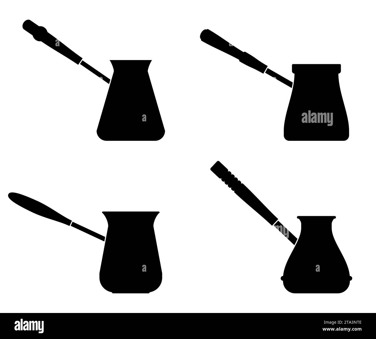 Kaffeespezve setzt Symbole auf weißem Hintergrund. Schüssel mit Griff zum Zubereiten von Kaffee auf dem Herd. Türkische Kanne Kaffee. Handgezeichnete Kaffeezubereitung Stock Vektor