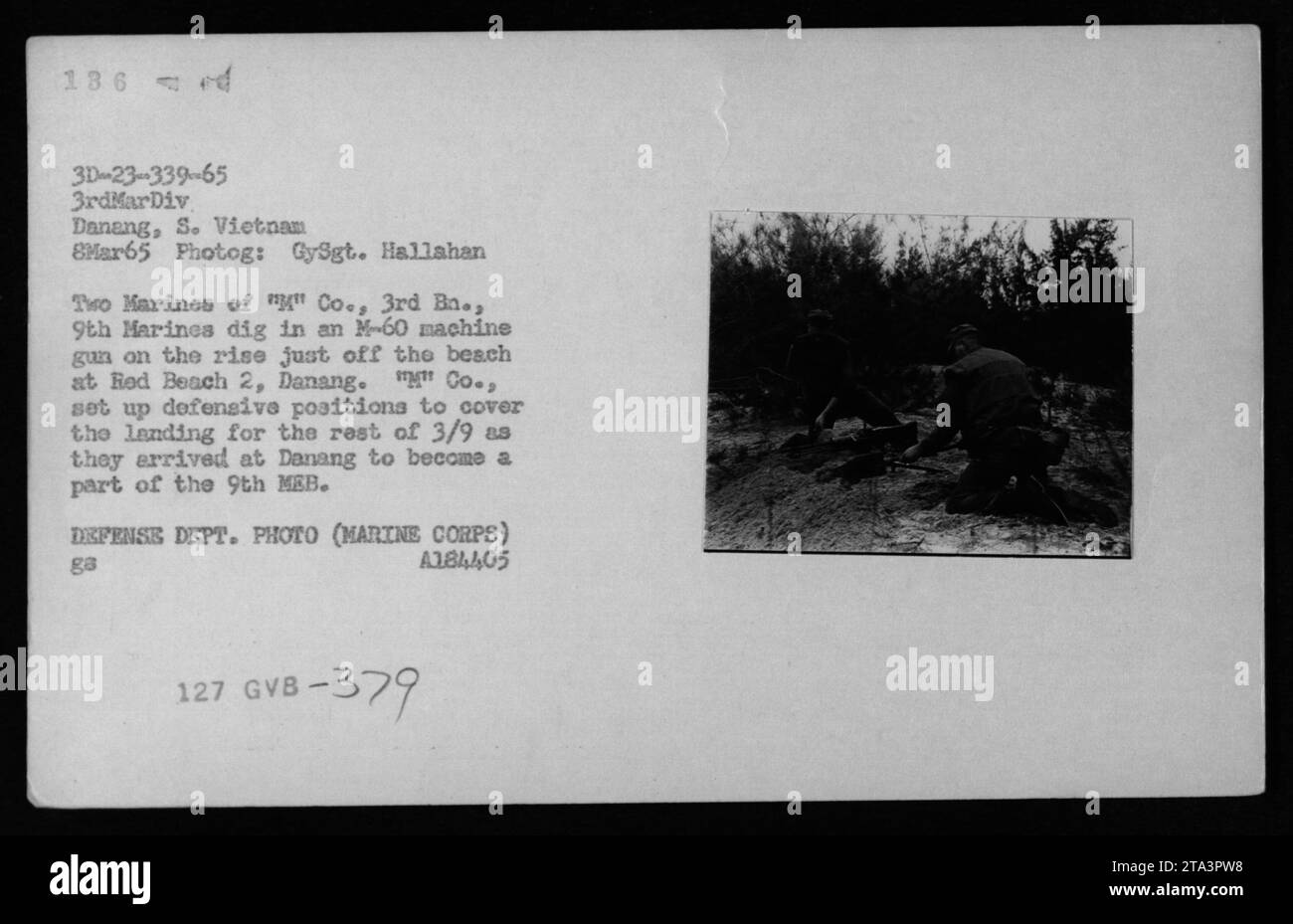 Marines aus Kompanie 3, 3. Bataillon, 9. Marines stellten am 8. März 1965 eine Verteidigungsposition am Red Beach 2 in Danang, Südvietnam, ein. Die Soldaten graben in einem M-60 Maschinengewehr, um die Ankunft des restlichen Bataillons zu decken. Foto von GySgt. Hallahan. Das ist ein Foto des US-Verteidigungsministeriums. Stockfoto