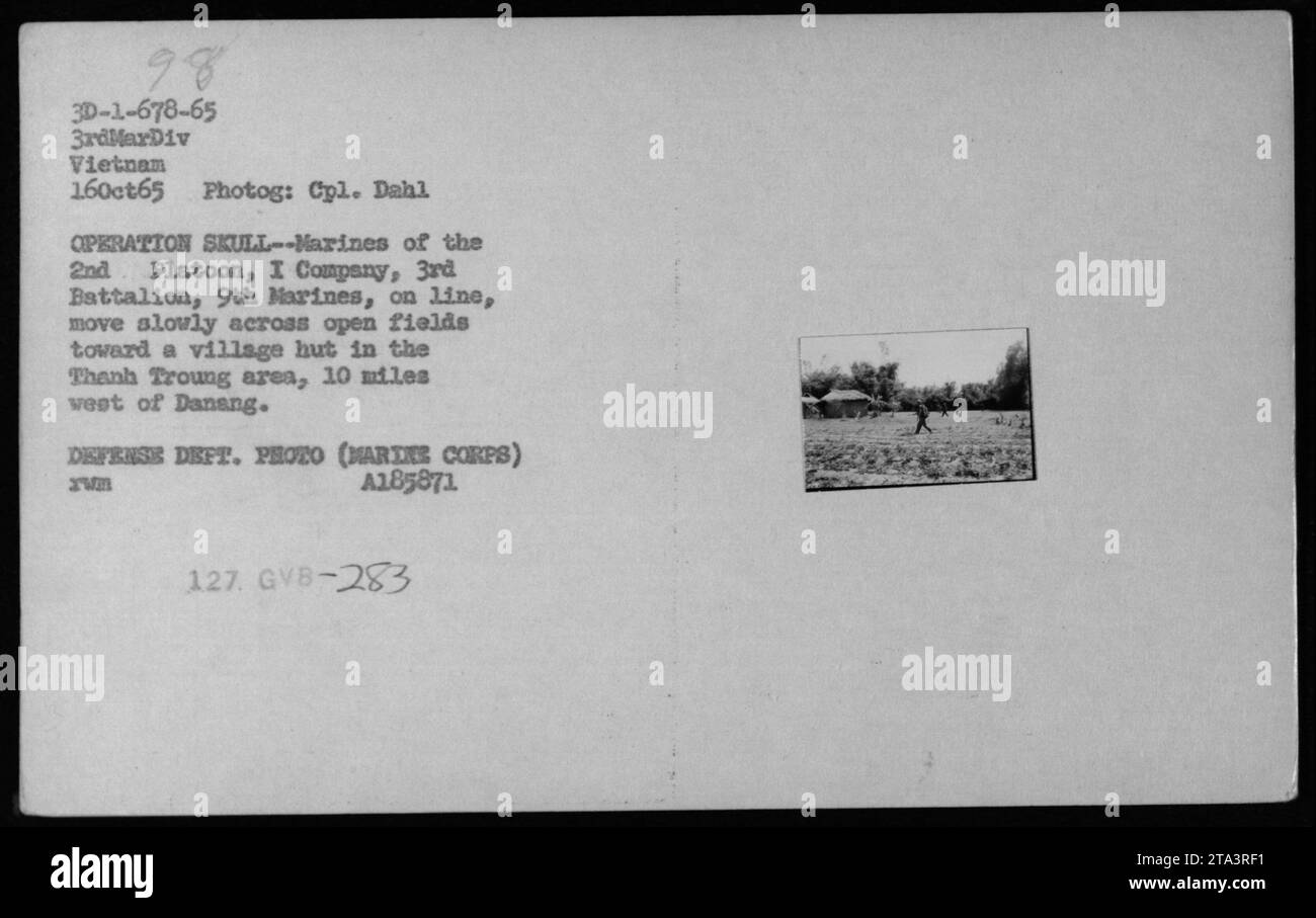 Marines des 2. Platoons, der I Kompanie und des 3. Bataillons, der 9. Marines patrouillieren im Gebiet von Thanh Troung, 16 Meilen westlich von Danang, als Teil der Operation Skull am 16. Oktober 1965. Die Soldaten bewegen sich vorsichtig über offene Felder in Richtung einer Dorfhütte. Fotografiert von CPL. Dahl. Stockfoto
