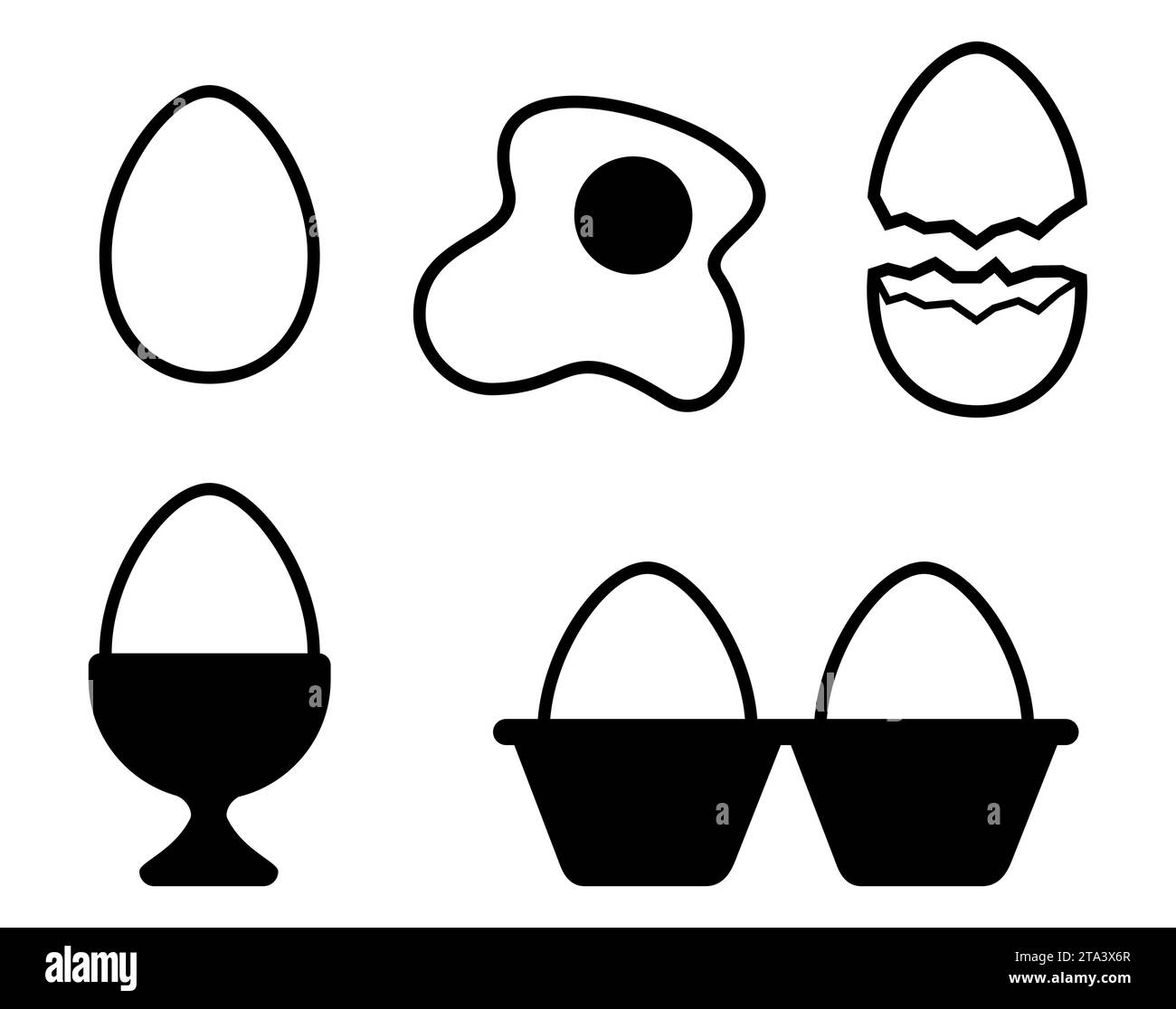 Eier, Spiegelei, Eierkisten-Symbole auf weißem Hintergrund. Vektorabbildung. Stock Vektor
