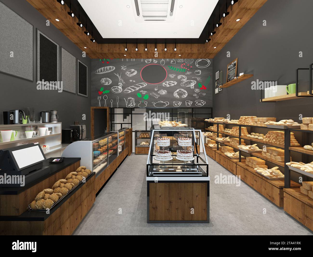 Moderne Bäckerei, Café-Haus-Inneneinrichtung, 3D-Rendering Stockfoto