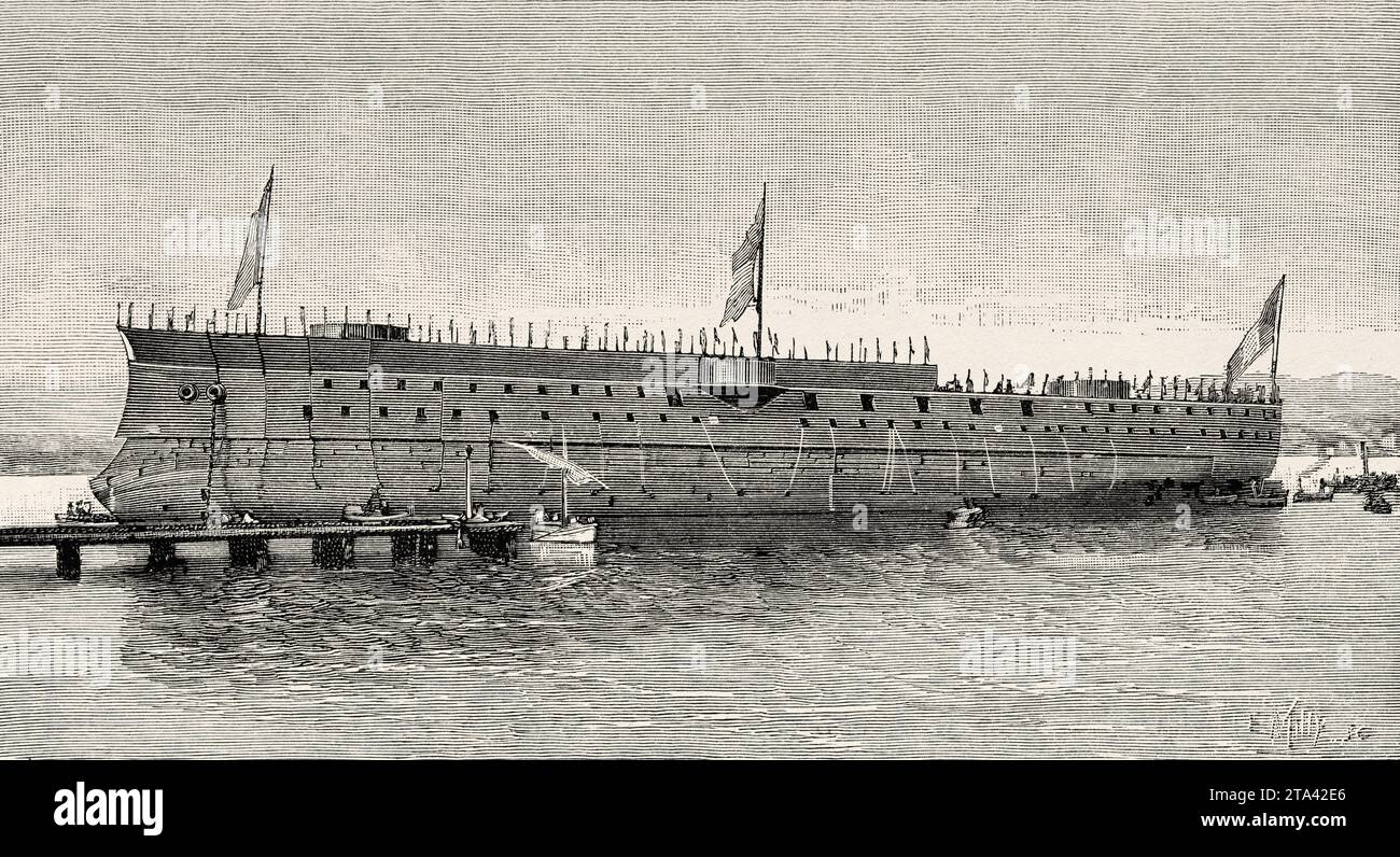 Pelayo war ein Schlachtschiff der spanischen Marine, das von 1888 bis 1925 in der spanischen Flotte diente. Sie war das erste Schlachtschiff und die mächtigste Einheit der spanischen Marine zu dieser Zeit, gebaut von Forges et Chantiers de la Méditerranée in La Seyne in Frankreich. Alte Illustration aus La Nature 1887 Stockfoto