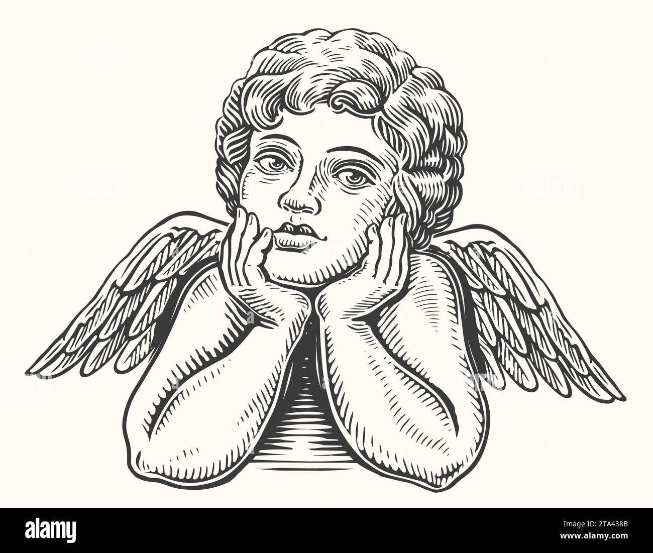 Handgezeichnetes nachdenkliches Engelskind mit Flügeln. Cherub- oder Cupid-Skizze. Vintage-Vektor-Illustration Stock Vektor