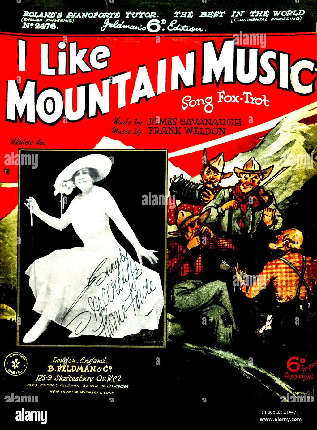 Notencover für I Like Mountain Music, Words von James Cavanaugh und Musik von Frank Weldon, herausgegeben von B. Feldman & Co., London, um die frühen 1930er Jahre Der Fuchstrabsong mit Ukulele-Begleitung spiegelt die Popularität amerikanischer westlicher Themen in der Populärmusik wider. Das bebilderte Cover zeigt eine lebhafte Gruppe von Cowboys, die Instrumente um ein Lagerfeuer spielen, sowie ein Studio-Porträt eines Darstellers. Dieses Kunstwerk beleuchtet den transatlantischen Einfluss musikalischer Trends in der Zwischenkriegsunterhaltung. Stockfoto
