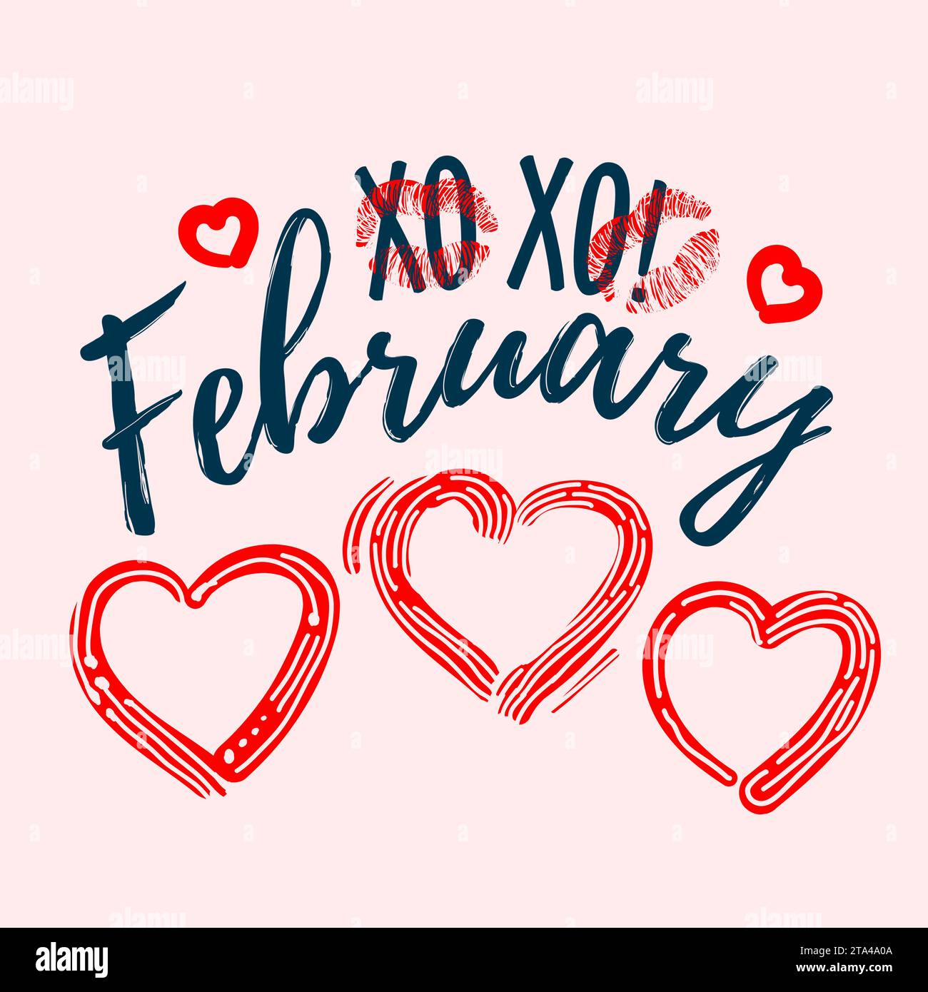 Handgeschrieben, xo xo Februar, Schriftzug mit Herzen. Begrüßungszitat für Februar. Moderne Schrift. Design für Karten, Banner, Poster. Stock Vektor