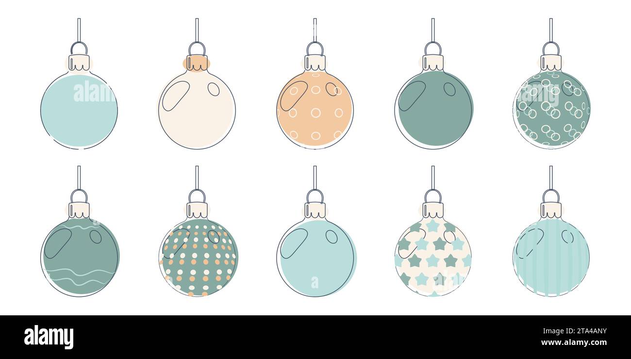 Weihnachtskugeln im Stil der Strichkunst. Isolierte Elemente auf weißem Hintergrund für jedes Design Vektor-Illustration. Stock Vektor