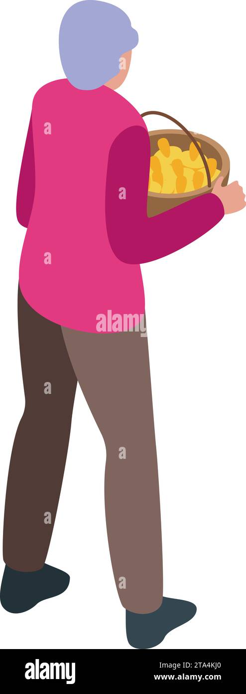 Oma mit Pilzen im Korb Icon isometrischer Vektor. Aktive Oma. Herbst Natur Stock Vektor