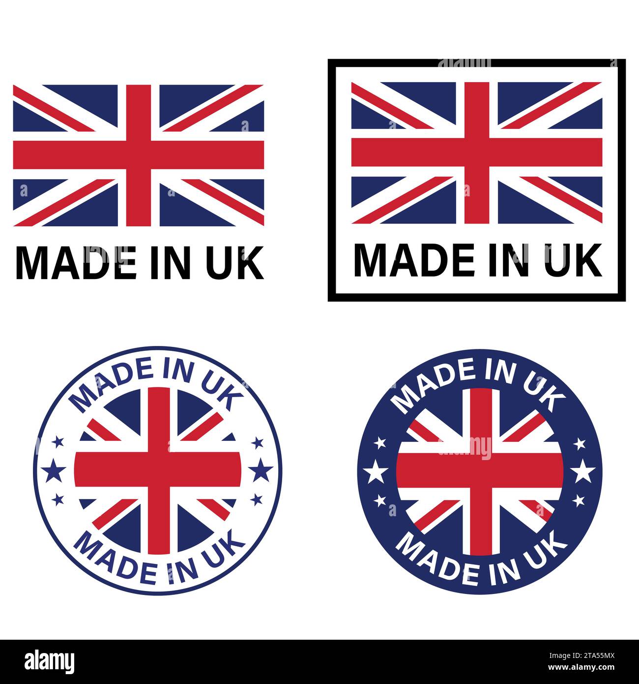 Set aus „Made in UK“-Dichtung, Etikett mit Produktanhänger. Stempelaufkleber Made in UK. Flacher STYLE. Stockfoto