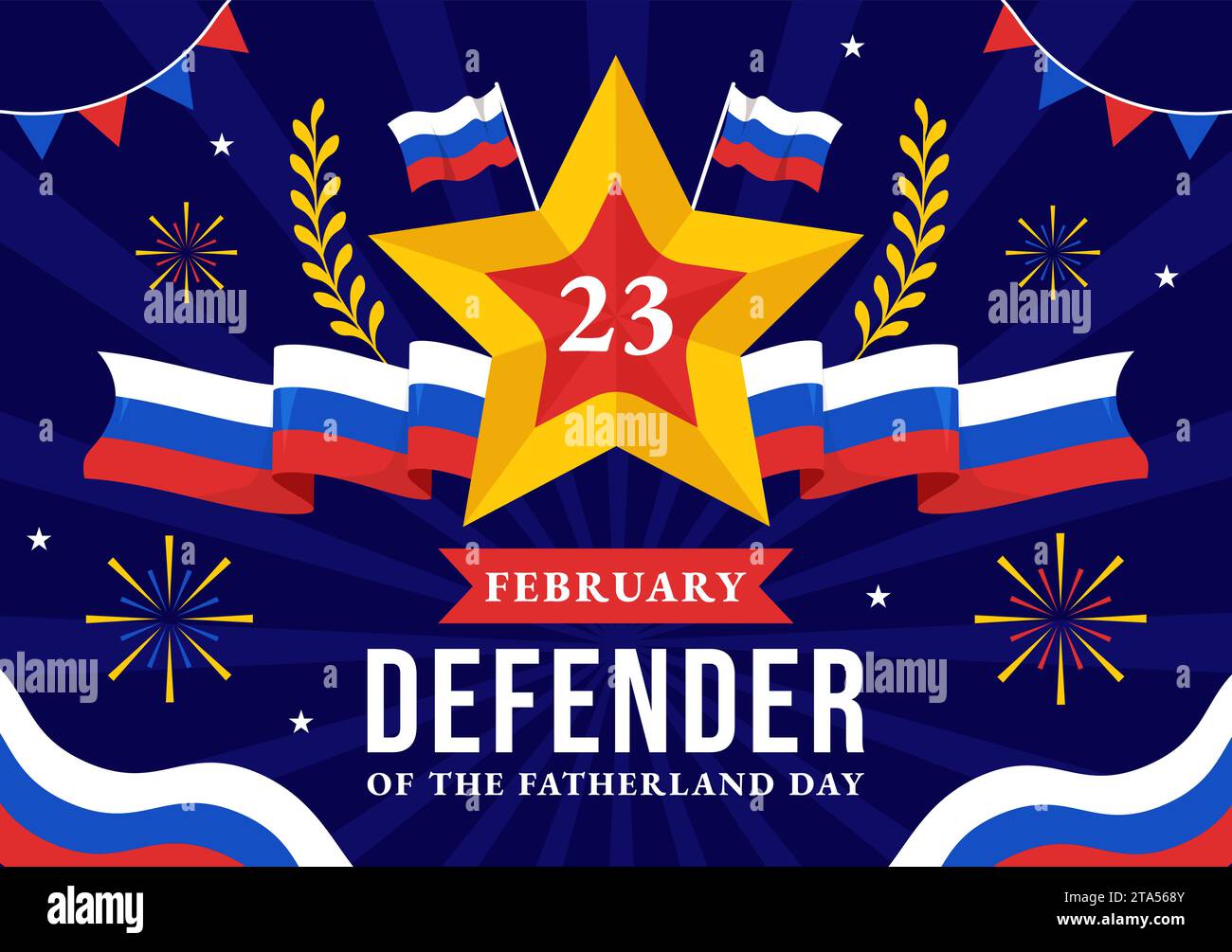Vektor-Illustration des Vaterlandtags am 23. Februar mit russischer Flagge und Stern im Nationalfeiertag Russlands flacher Zeichentrickhintergrund Stock Vektor