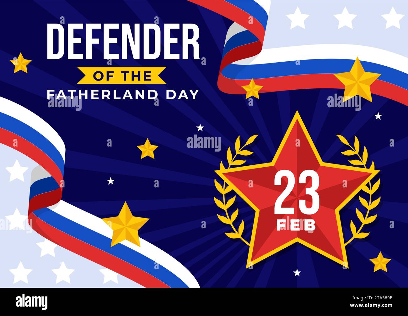 Vektor-Illustration des Vaterlandtags am 23. Februar mit russischer Flagge und Stern im Nationalfeiertag Russlands flacher Zeichentrickhintergrund Stock Vektor