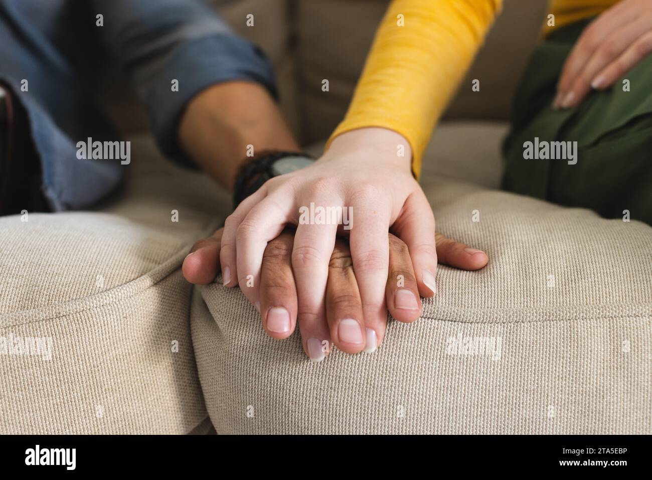 Diverse Paare sitzen auf der Couch und halten Hände im Wohnzimmer zu Hause, Kopierraum. Gestikulation, Liebe, Zweisamkeit und häusliches Leben unverändert. Stockfoto