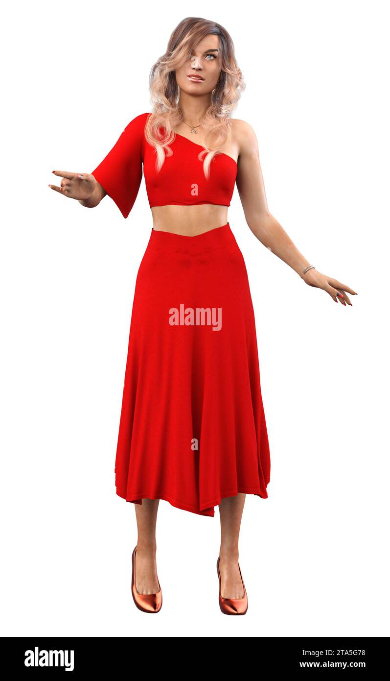 Mode-Frau mit langen lockigen Haaren trägt roten Midirock und Crop-Top, 3D-Illustration. Stockfoto