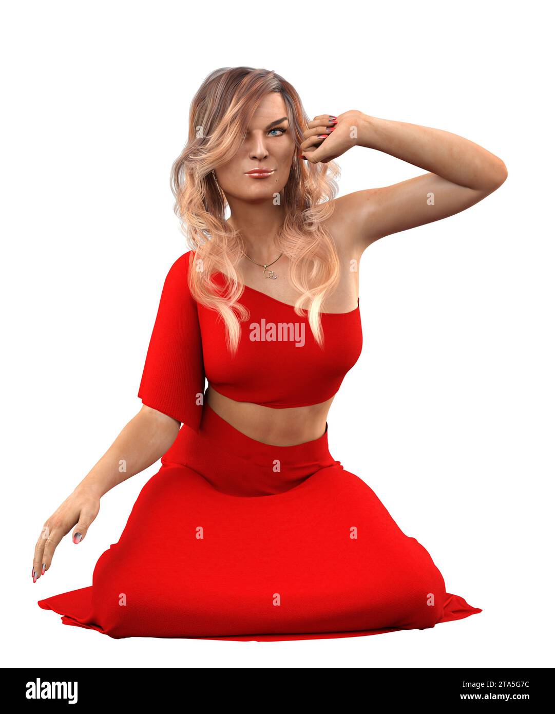 Mode-Frau mit langen lockigen Haaren trägt roten Midirock und Crop-Top, 3D-Illustration. Stockfoto