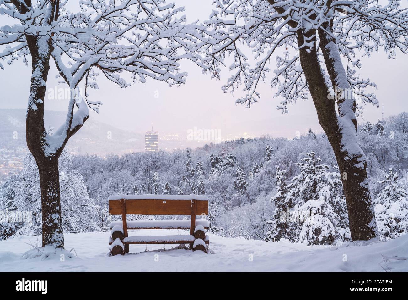 Tolle Neuschneestimmungen in Jena Thüringen. Eine schneebedeckte Bank im Vordergrund auf dem Weg zwischen Windknollen und Landgrafen oberhalb der Stadt. In der Ferne die Spitze des Jentower. Landgrafen *** tolle Neuschneestimmung in Jena Thüringen Eine schneebedeckte Bank im Vordergrund auf dem Weg zwischen Windknollen und Landgrafen oberhalb der Stadt in der Ferne die Spitze des Jentower Landgrafen Credit: Imago/Alamy Live News Stockfoto