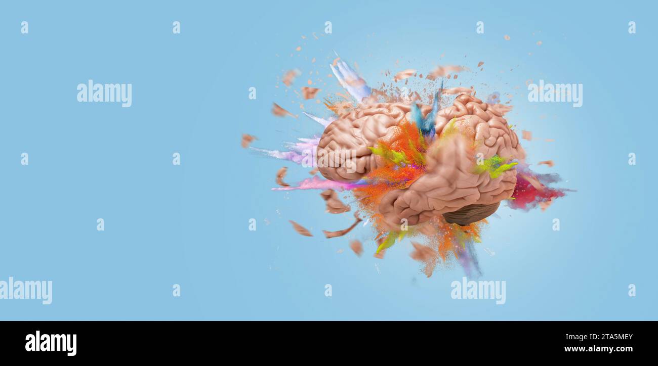 Kreatives Gehirn explodiert mit Farbspritzern auf blauem Hintergrund, Konzept. Anders denken und Brainstorming, eine kreative Idee. Der Verstand und der Generator Stockfoto