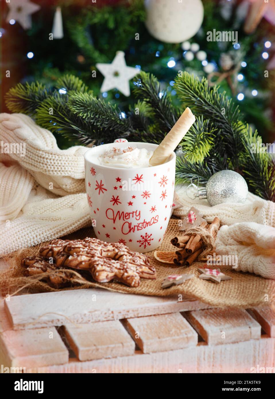 Eine Tasse mit der Aufschrift Frohe Weihnachten, eine fröhliche Atmosphäre, Zweige eines grünen Weihnachtsbaums. Das neue Jahr 2024 rückt näher. Stockfoto
