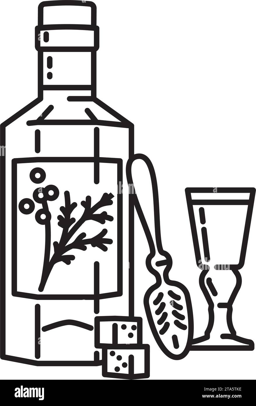 Absinth in Flasche und Glas mit Löffel und Zuckerwürfeln Vektorlinie Symbol für Absinth Day am 5. März Stock Vektor