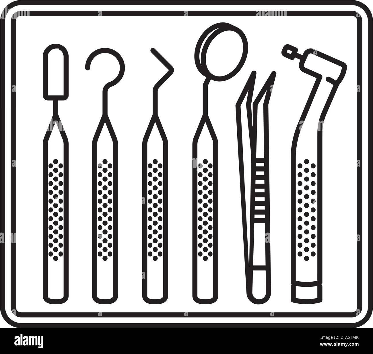 Verschiedene zahnmedizinische Werkzeuge auf Tablett Vektorlinie Symbol für Zahnarzttag am 6. März Stock Vektor