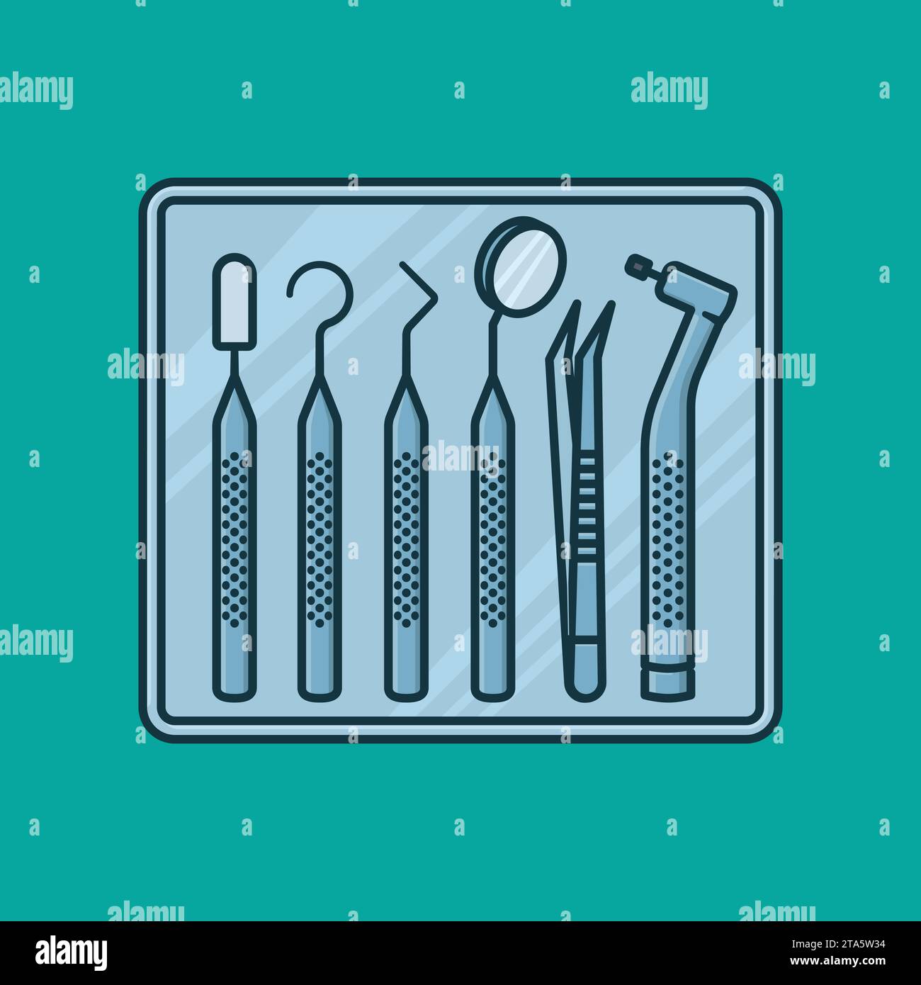 Vielfalt der zahnmedizinischen Werkzeuge auf Edelstahl Tablett Vektor Illustration für Zahnarzttag am 6. März Stock Vektor