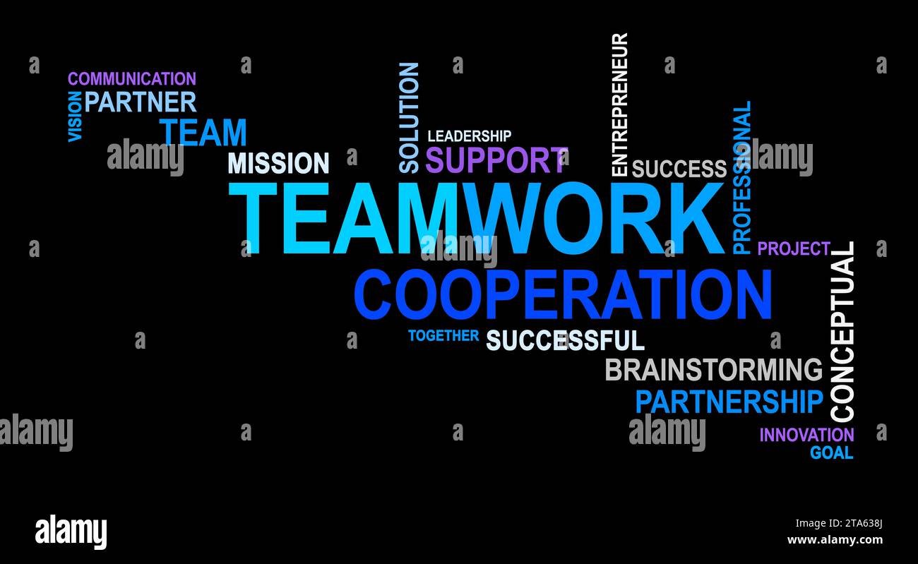 Eine lebendige Wortwolke mit den Wörtern TEAMWORK und ZUSAMMENARBEIT in verschiedenen Größen und Farben. Die Worte strahlen Positivität und Einheit aus, symbolisieren Stockfoto