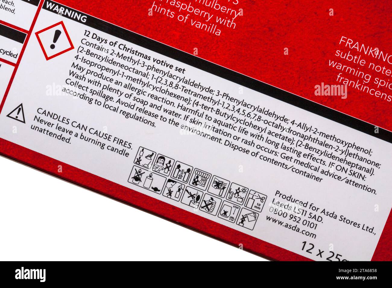 Warnmeldungen an 12 Tagen Weihnachtskerzenset – Warnsymbole Stockfoto