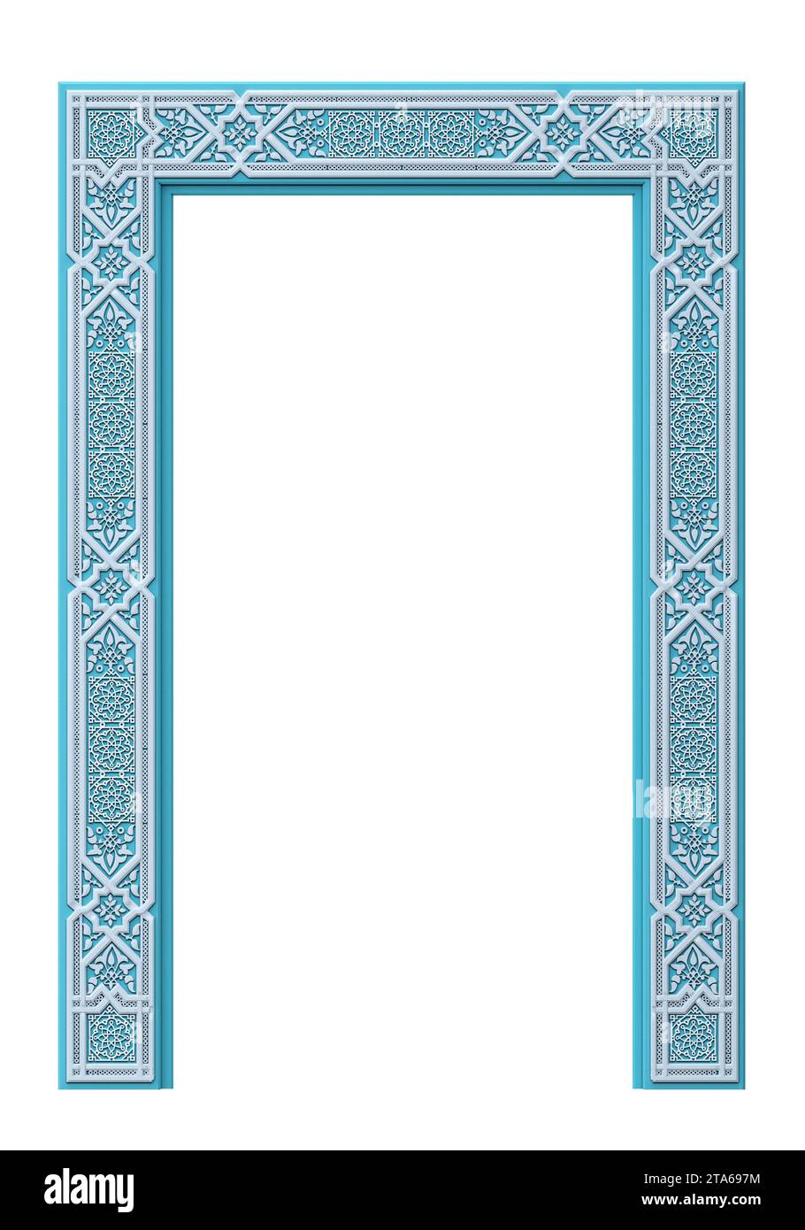 3D-Abbildung. Der Türrahmen ist mit einem Bogen in arabischer Verzierung versehen. Arabesk. Maurische Architektur Stockfoto