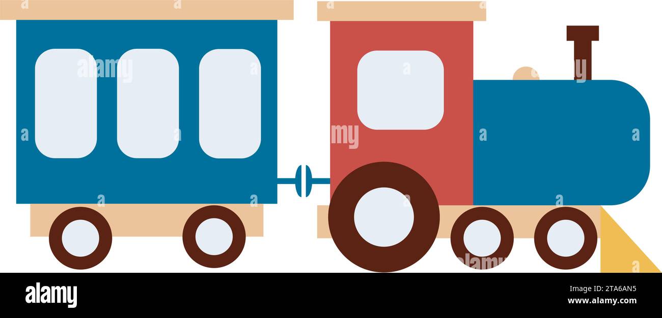 Spielzeug Zug Clip Art Vektor Illustration. Dampflokomotive mit Wagen isoliert auf weißem Hintergrund. Eisenbahntransport, Kinderspiel Stock Vektor