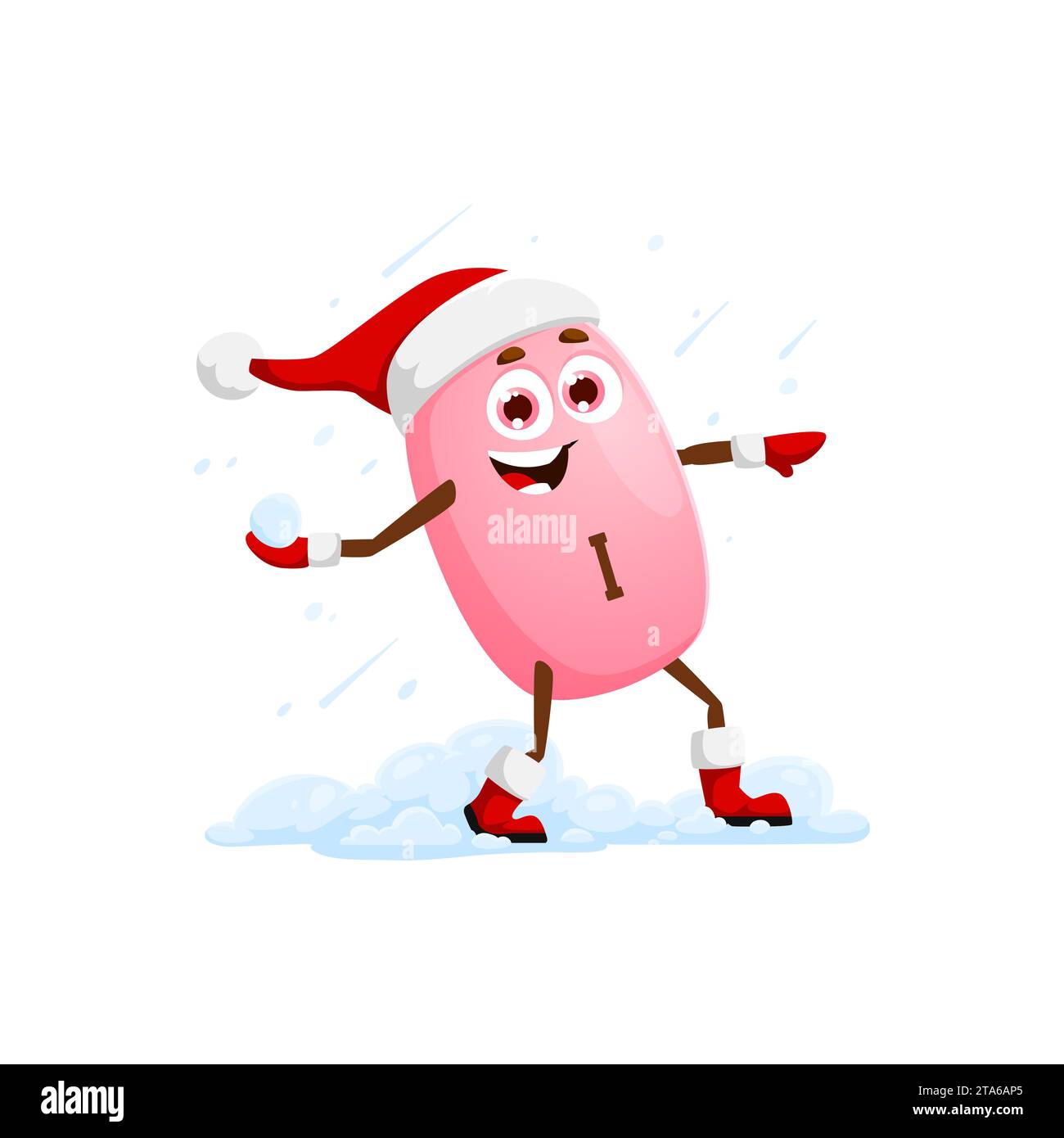 Cartoon Jod Mineral Charakter spielt Schneebälle an Winterferien oder Weihnachten, Vektor Mikronährstoff Pille. Lustiges Happy Jod I Mineral im Weihnachtsmann-Hut, Schneebälle werfen, Kinder-Emoji-Persönlichkeit Stock Vektor