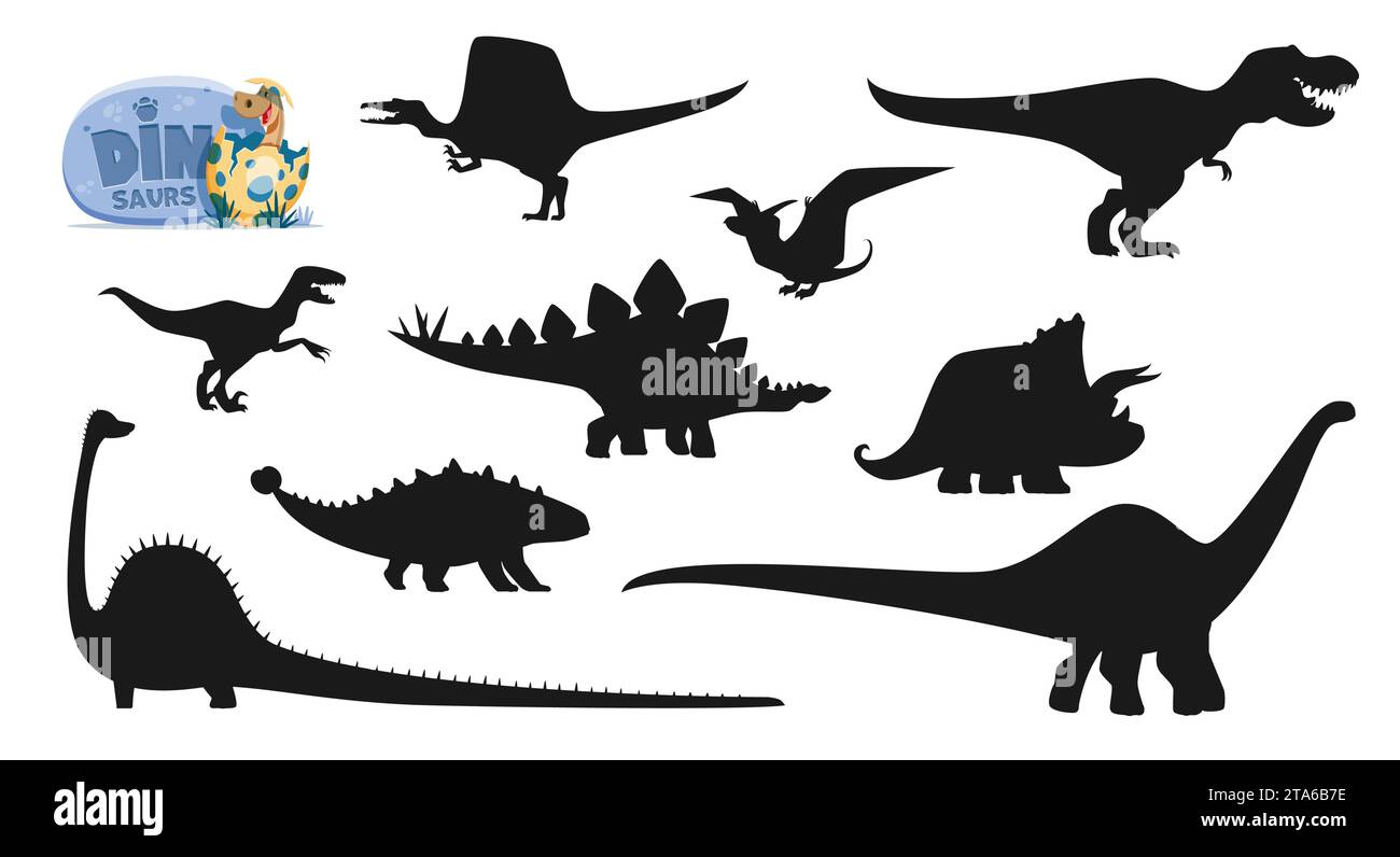 Cartoon-Dinosaurier isolierte Charaktere Silhouetten. Spinosaurus, Tyrannosaur, Pterodactyl, Pteranodon und Velociraptor, Stegosaurus, Triceratops, Ankylosaurus und Diplodocus Dinosaurier Silhouetten Set Stock Vektor