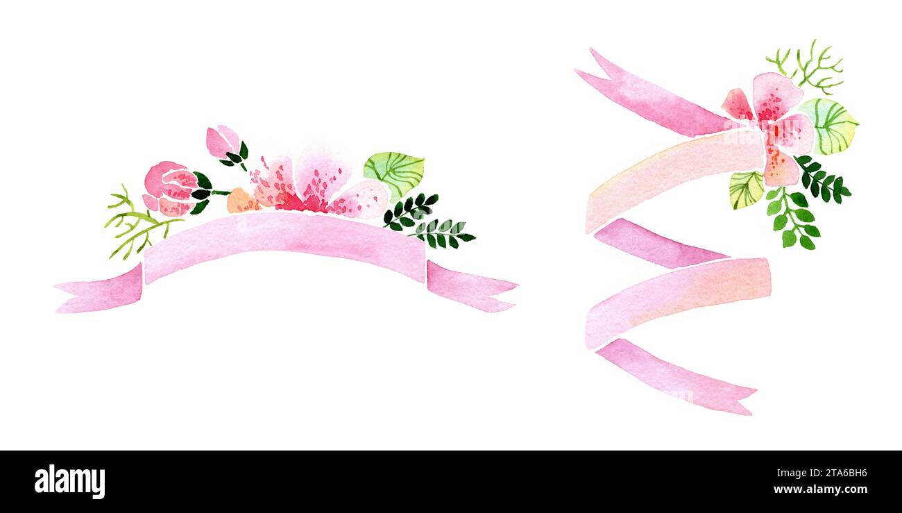 Aquarellbanner mit Blumenmuster und pinkfarbenen Bändern für Text. Blumenstrauß mit rosa Rosen und einfachen grünen Blättern. Dankeschön-Kartenvorlage. Isoliert handgezeichnet Stockfoto