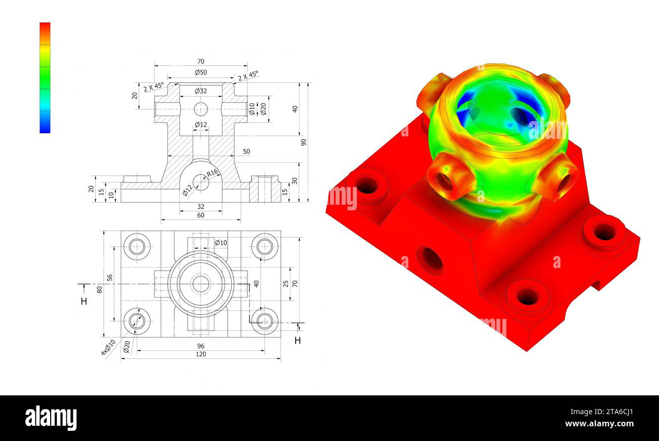 FEM-Analyse an mechanischen Metallverbindungen zur Berechnung von Widerstand, Spannung und Kräften vor dem Produktionsprozess Stockfoto