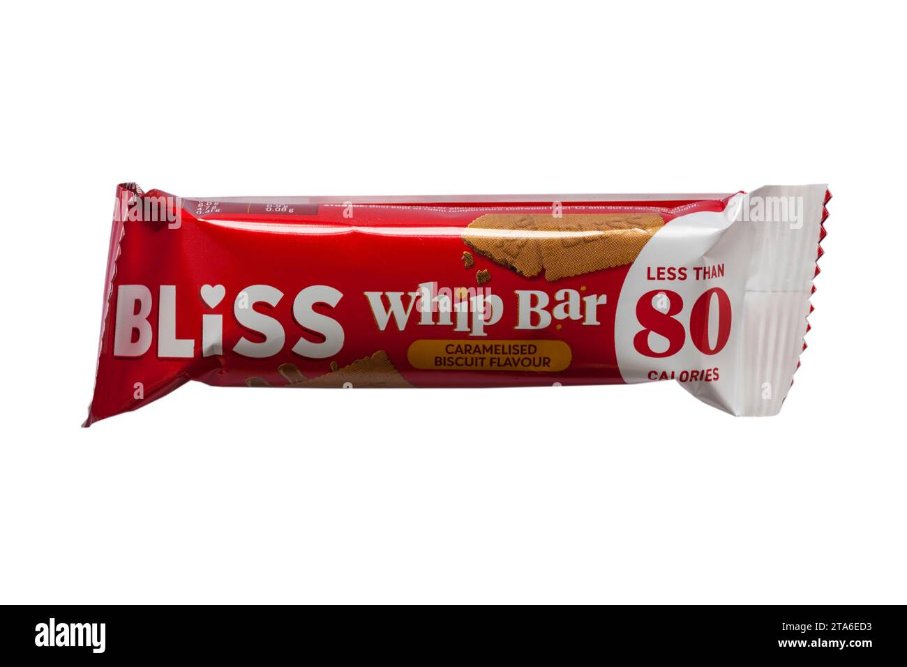 Bliss Whip Bar karamellisierter Keks Geschmack weniger als 80 Kalorien isoliert auf weißem Hintergrund Stockfoto