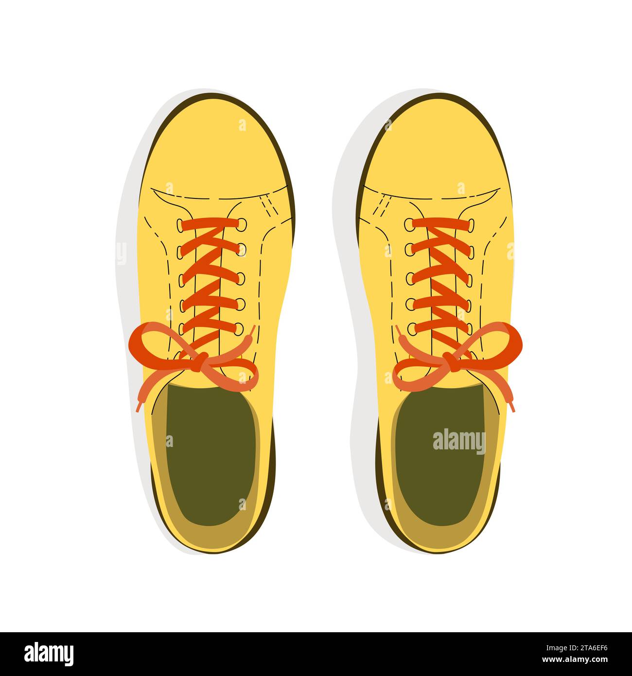 Ein Paar gelbe Sportschuhe mit Schnürsenkeln von oben. Stock Vektor