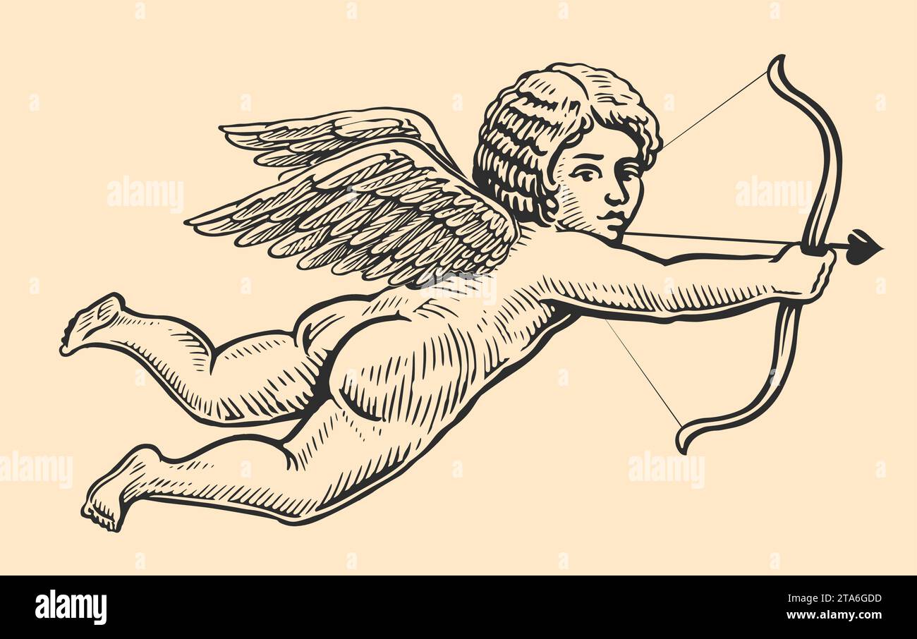 Fliegender Engel mit Flügeln lenkt einen Pfeil vom Bogen. Hand gezeichnetes Liebessymbol, Vektor-Illustration Stock Vektor