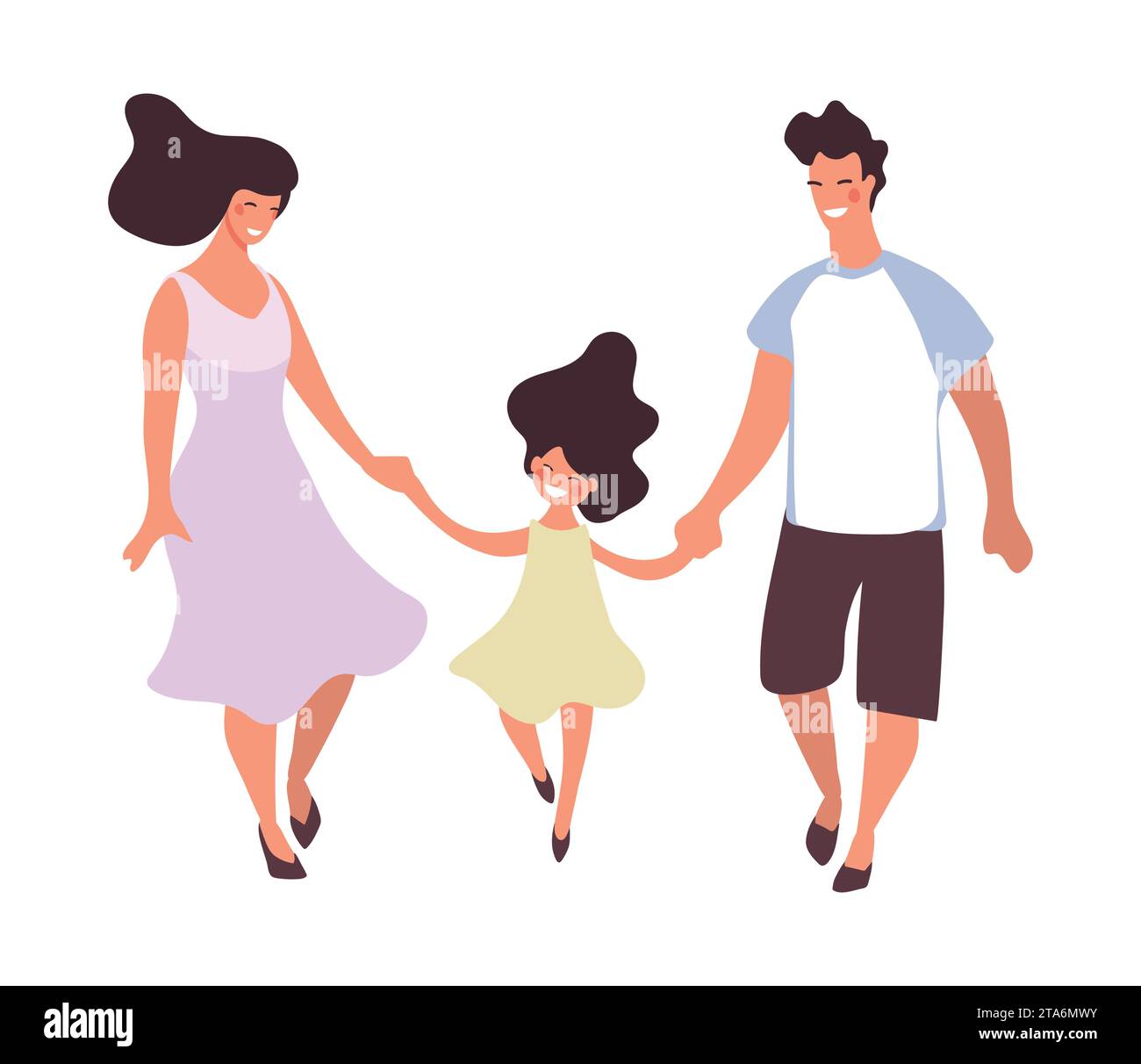 Junge Eltern halten Hände und gehen mit Tochter, flacher Karikaturvektor isoliert auf weißem Hintergrund. Elternschaftskonzept Stock Vektor