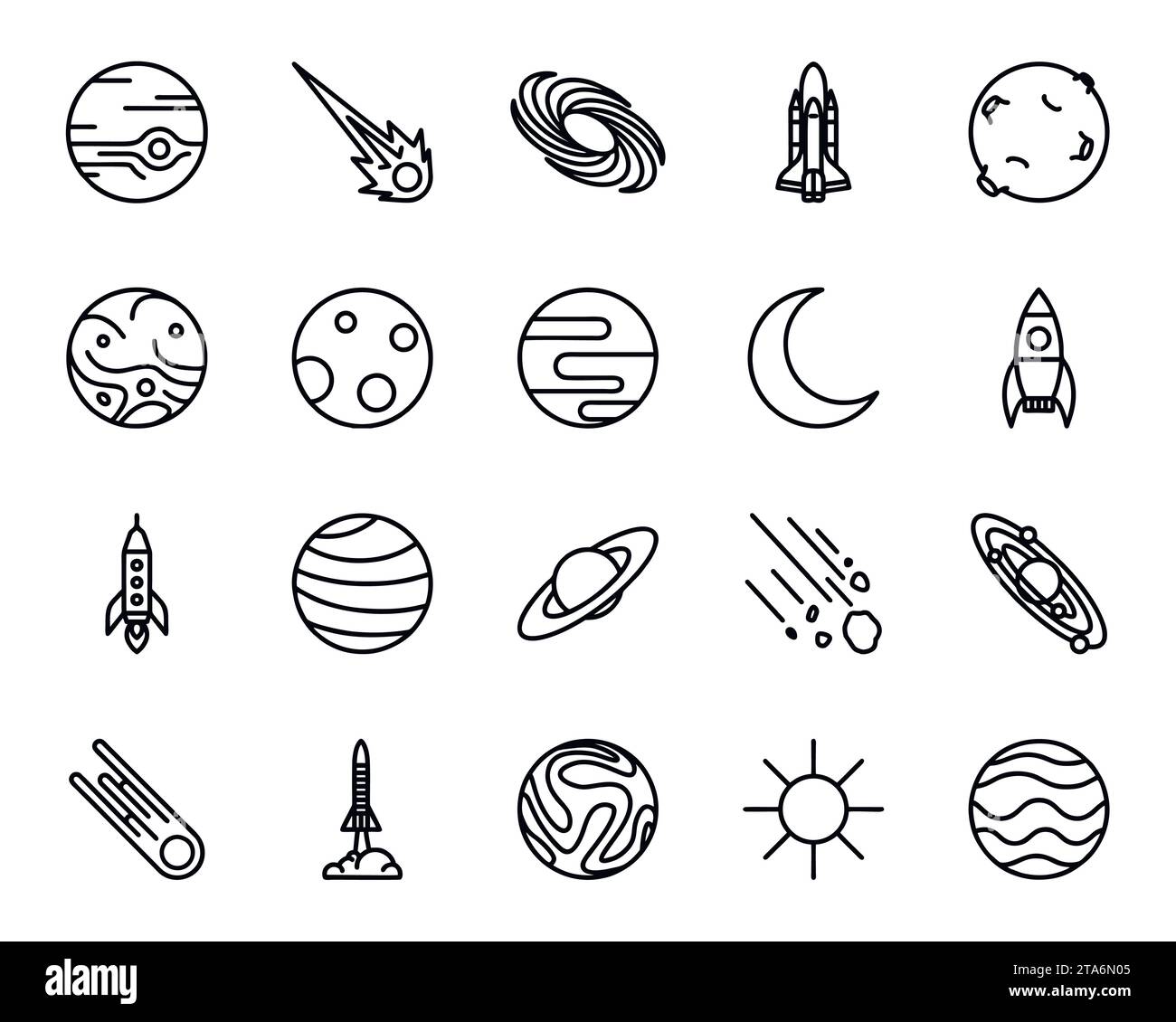 Universum, Himmelskörper, Raketenstart, Astronomie und vieles mehr, dünne Symbole gesetzt. Cosmo-Erkundung isoliert. Leerraum Stock Vektor